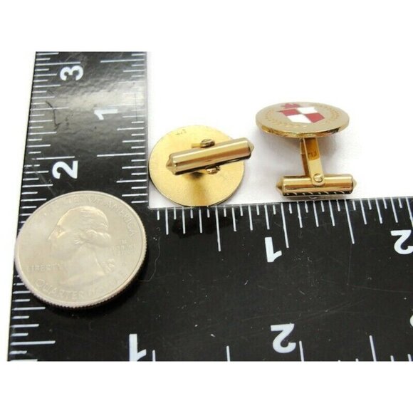 Red White Enamel Checkered Crest 1/20 12Kt Yellow Gold Filled Cufflinks Round - Picture 8 of 10